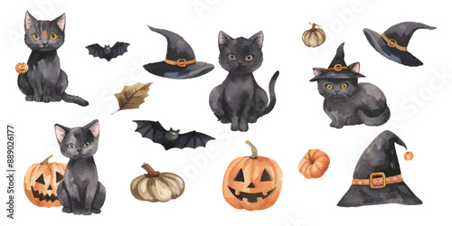 Watercolor black cats clipart, cute cartoon style, white background