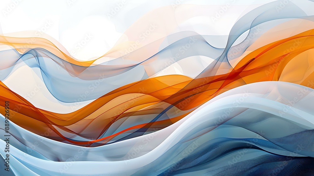 Dynamic composition with flowing wave patterns in shades of orange, white, and blue on an abstract backdrop Dynamic composition with flowing wave patterns in shades of orange, white, and blue on an abstract backdrop