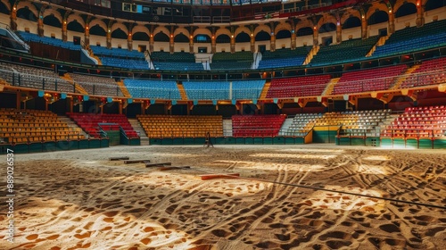 A stadium with a red and yellow seating area. The seats are arranged in a circle