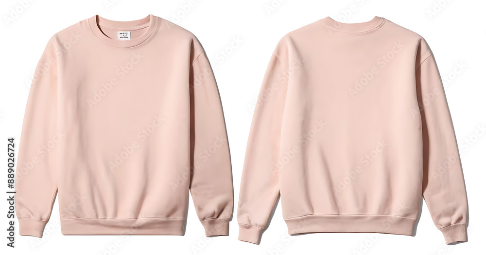 A blank light pink crewneck sweatshirt, front and back views, perfect for showcasing designs or promoting casual wear brands.