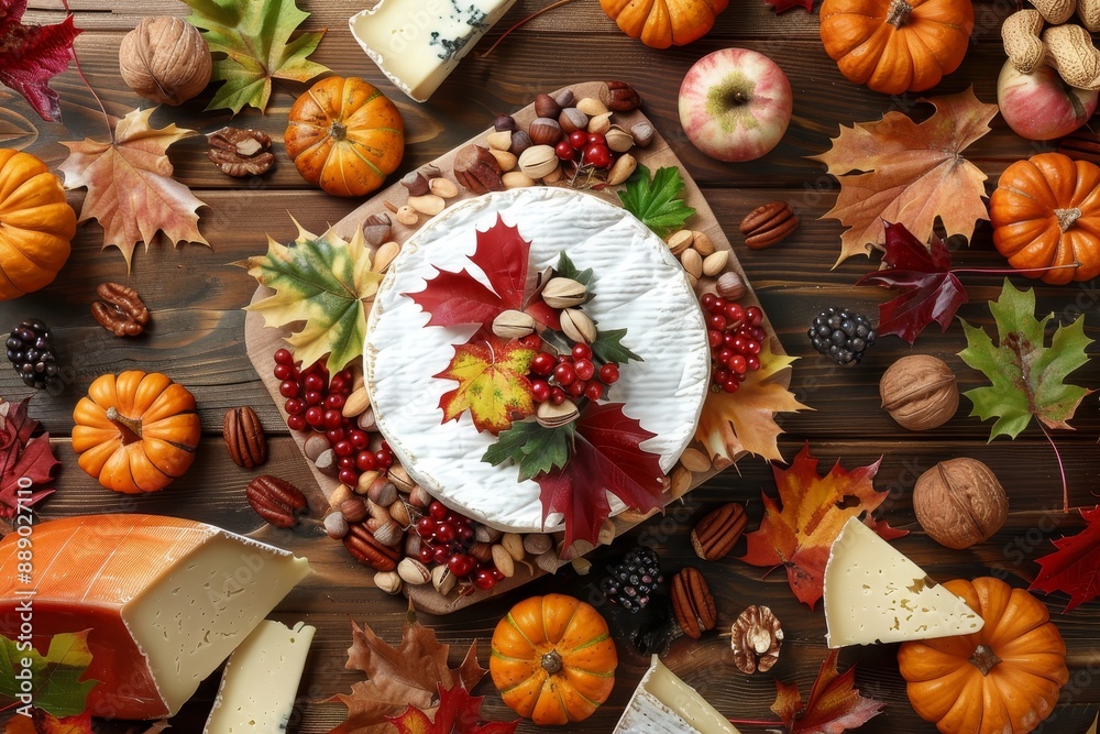 Autumnal Cheese Board With Brie, Nuts, and Fall Leaves Autumnal Cheese Board With Brie, Nuts, and Fall Leaves