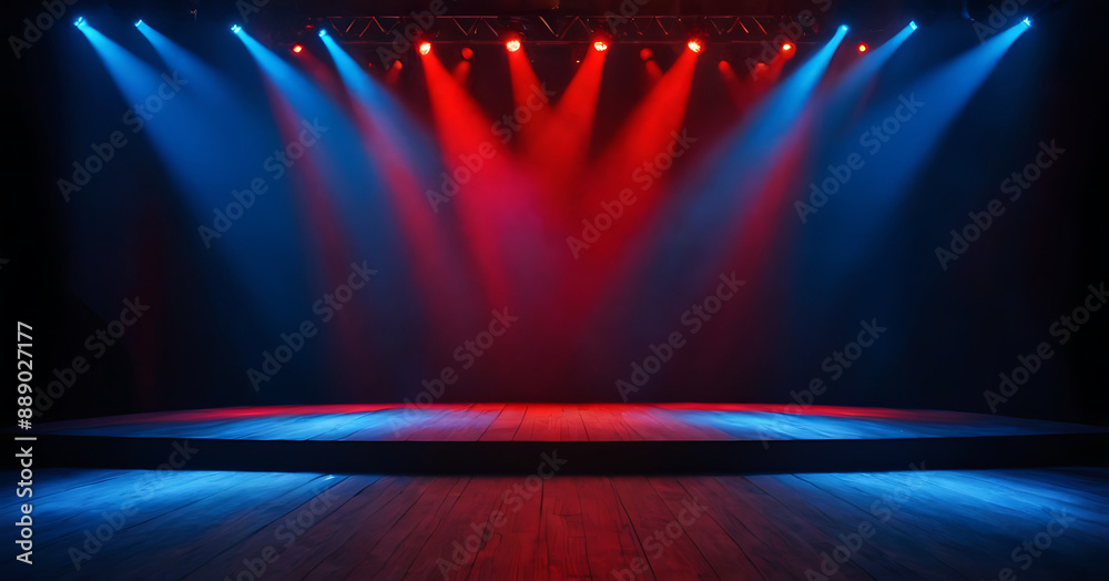 A stage illuminated by blue and red spotlights, creating a dramatic atmosphere. Perfect for showcasing music, entertainment, theater, dance, or performance events. Ideal for posters, brochures, social