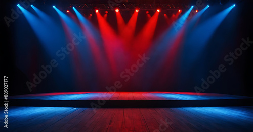 Obraz na płótnie A stage illuminated by blue and red spotlights, creating a dramatic atmosphere. Perfect for showcasing music, entertainment, theater, dance, or performance events. Ideal for posters, brochures, social w salonie