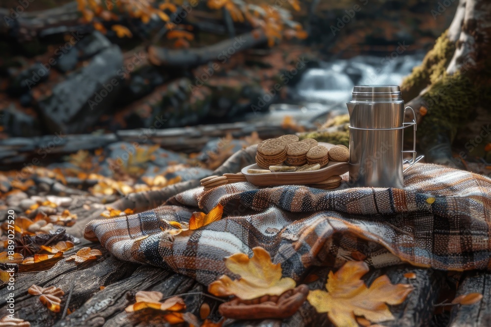 Obraz premium Autumn Picnic by a Stream With Snacks and a Thermos