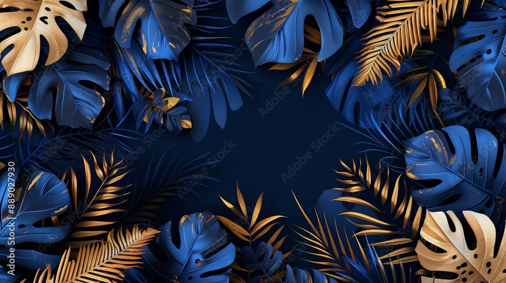 Blue and gold tropical leaves Monstera Blue and gold tropical leaves Monstera