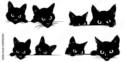 set of cute black cat silhouettes peeking from behind corner white background