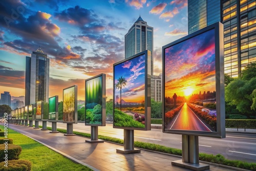 Vibrant city street landscape featuring multiple large billboards displaying colorful photographs of serene landscapes, city skylines, and close-up product shots at dusk. photo