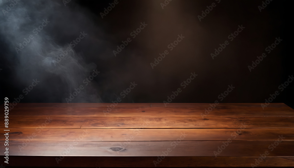 A polished wooden table illuminated by three spotlights against a dark, smoky background. Ideal for showcasing products, creating a mysterious atmosphere, or setting a dramatic scene. A polished wooden table illuminated by three spotlights against a dark, smoky background. Ideal for showcasing products, creating a mysterious atmosphere, or setting a dramatic scene.