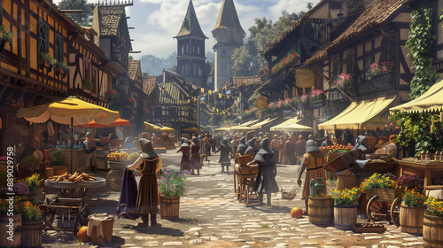 A bustling medieval marketplace with vendors selling colorful goods, musicians playing lively tunes, and townsfolk engaging in trade and conversation photo