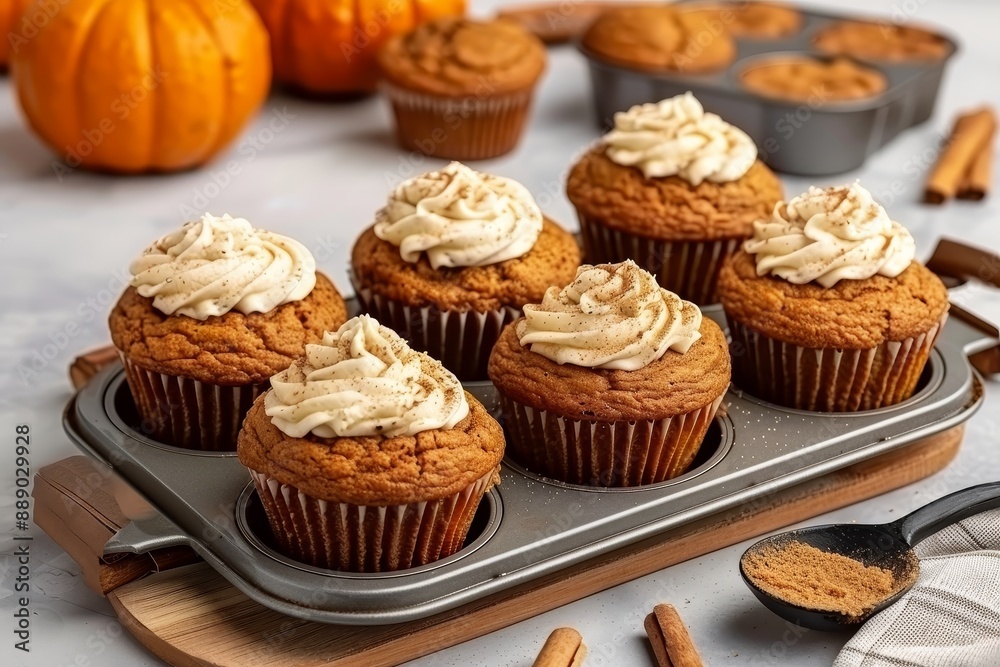 Freshly Baked Pumpkin Spice Cupcakes With Creamy Frosting in a Metal Pan Freshly Baked Pumpkin Spice Cupcakes With Creamy Frosting in a Metal Pan