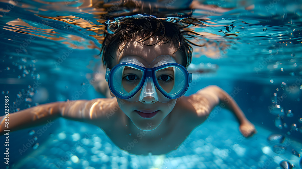 Naklejka premium Niño buceando en una piscina
