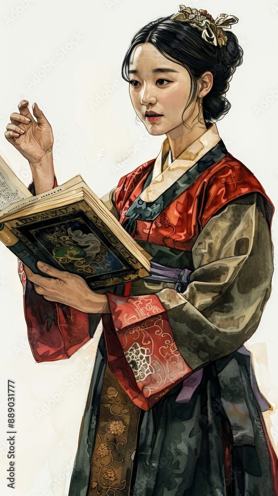 Fototapeta premium Korean woman holding an open book pointing to a pa 131 woman, beauty, kimono, fashion, traditional, japanese, people, culture, person, geisha, doll, clothing, dress, model, smile, costume, asia, red,