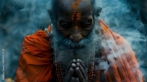 Video recreation of a hinduist sadhu ascetic in meditation	
 photo