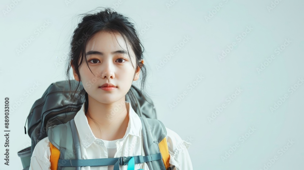 Korean woman with a backpack looking ready for adv 042 woman, beauty, people, person, smiling, face, smile, hair, model, looking, brunette, teenager, fashion, one, studio, looking at camera, teen, ha Korean woman with a backpack looking ready for adv 042 woman, beauty, people, person, smiling, face, smile, hair, model, looking, brunette, teenager, fashion, one, studio, looking at camera, teen, ha