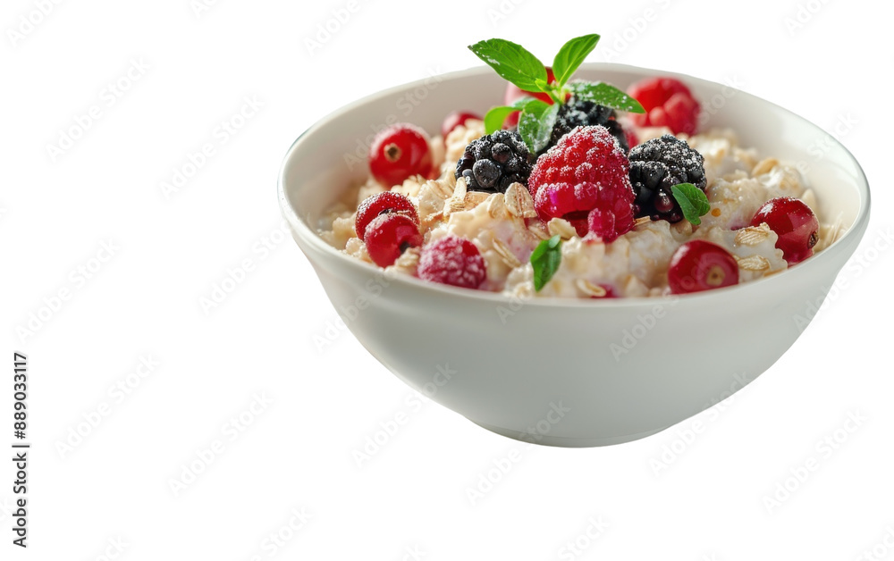 A white bowl filled with creamy oatmeal, topped with fresh raspberries, blackberries, and mint A white bowl filled with creamy oatmeal, topped with fresh raspberries, blackberries, and mint