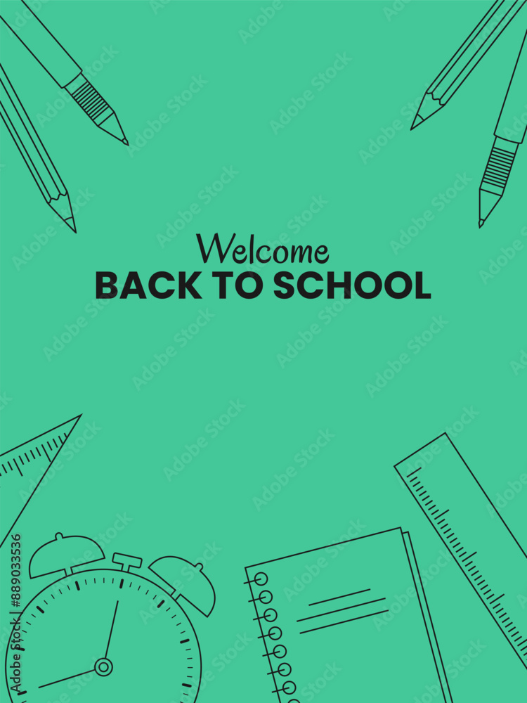 Obraz premium Back to school poster. Minimalist design with school supplies, stationery doodle. Vector illustration