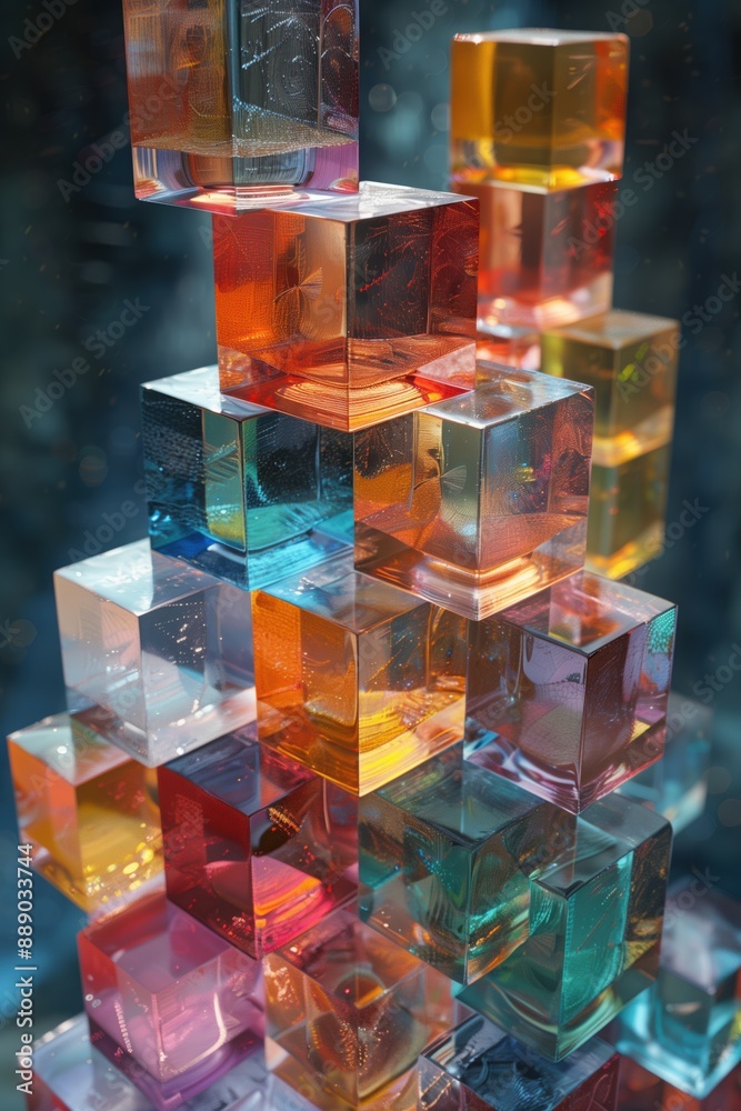 Symmetrically Stacked Cubes: Hyper-Realistic 3D Render with Vibrant Colors Symmetrically Stacked Cubes: Hyper-Realistic 3D Render with Vibrant Colors