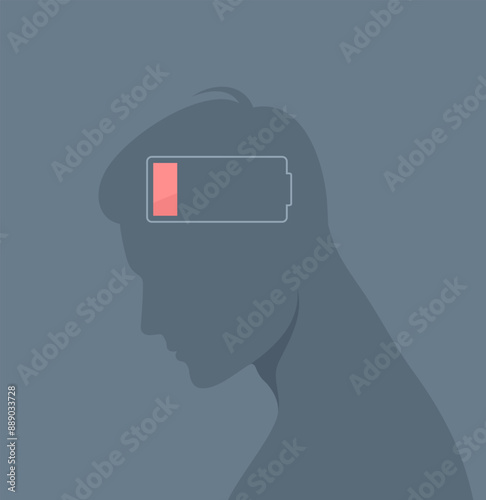 Male silhouette with a discharged battery in his head, flat vector illustration