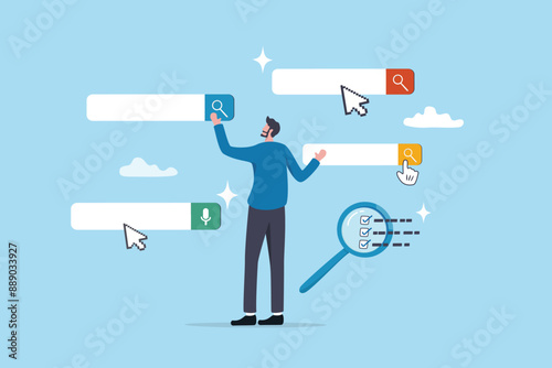 Search or discover new information, find new job or career available, research and analyze information, SEO website optimization, searching concept, businessman search new job on virtual search box.