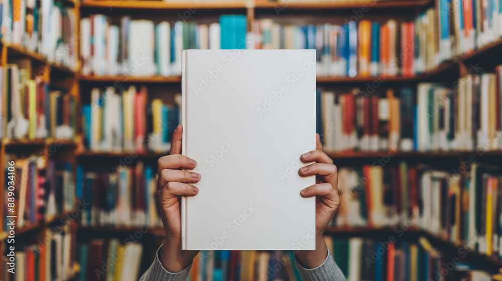 A close-up of a blank book cover mockup being held by a person in a library, surrounded by shelves filled with colorful books. A close-up of a blank book cover mockup being held by a person in a library, surrounded by shelves filled with colorful books.