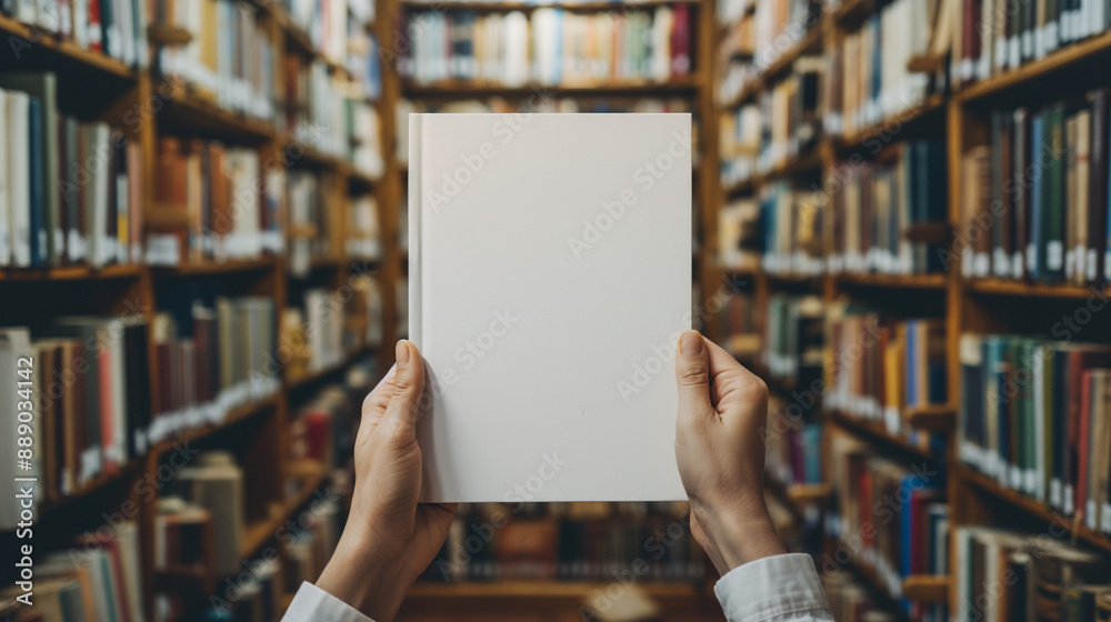A person holding a blank book cover mockup in a library, with the background showcasing a variety of books on wooden shelves. A person holding a blank book cover mockup in a library, with the background showcasing a variety of books on wooden shelves.