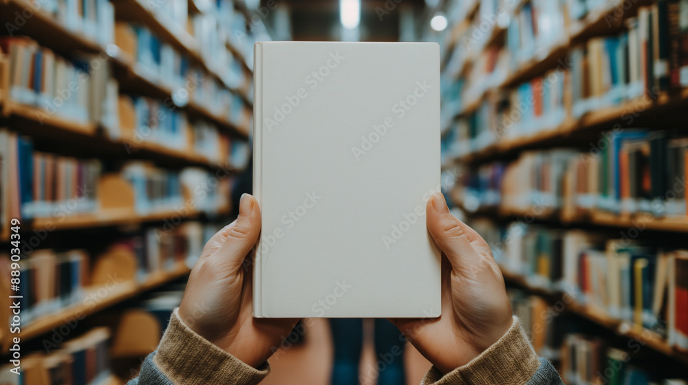 A detailed close-up of a blank book cover mockup in a person's hands, with the library's rows of books and study areas visible in the background. A detailed close-up of a blank book cover mockup in a person's hands, with the library's rows of books and study areas visible in the background.