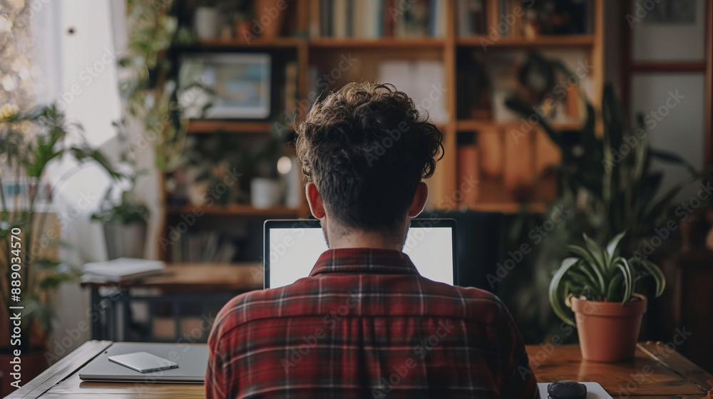 Over-the-shoulder shot of a young man focused on his laptop with a blank white screen, seated at a desk in a well-decorated home office with plants and books. Over-the-shoulder shot of a young man focused on his laptop with a blank white screen, seated at a desk in a well-decorated home office with plants and books.
