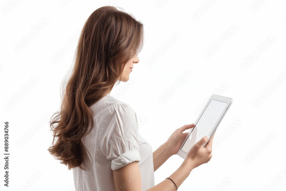 European woman holding a tablet swiping the screen  333 woman, tablet, computer, business, people, businesswoman, person, technology, student, beauty, pc, laptop, smiling, internet, pad, holding, smil