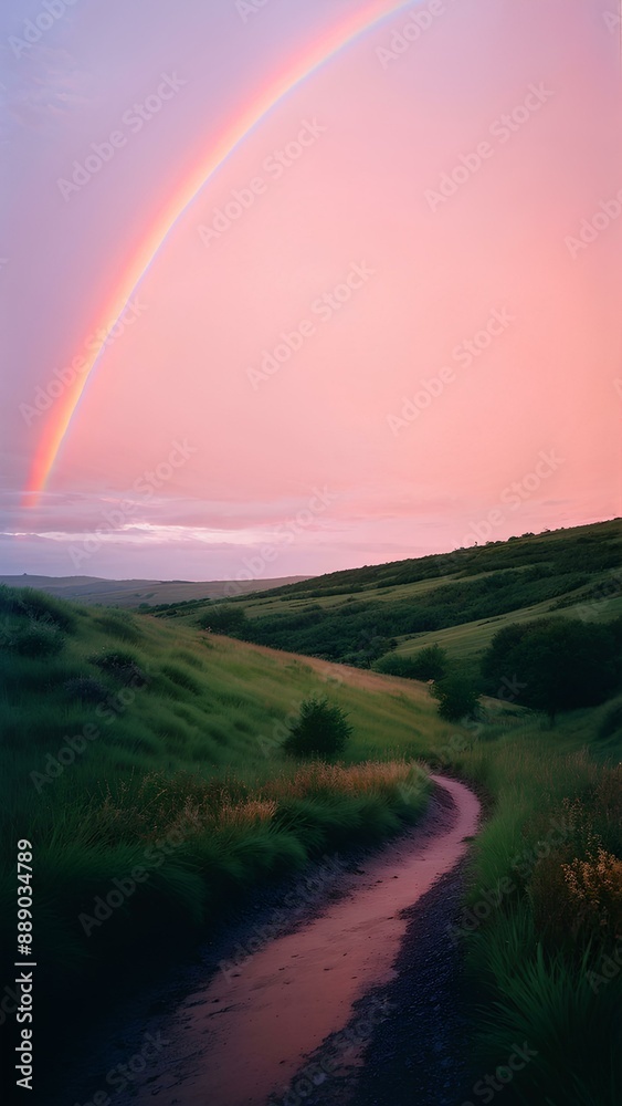 Obraz premium rainbow over the field, The scenery of K sky rainbow scenery, and the background screen background screen, and the background screen, and high-definition screen