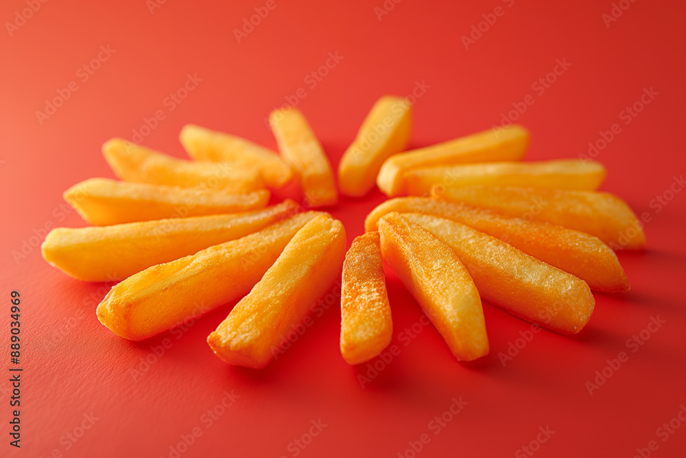 french fries arranged in a large circle on a bright red background french fries arranged in a large circle on a bright red background