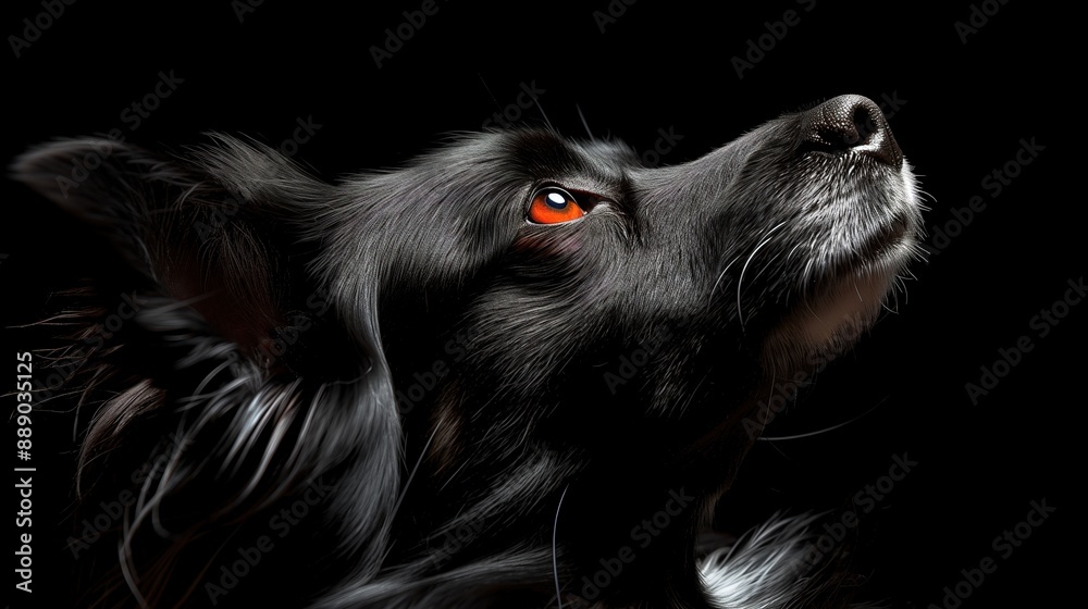 Black dog looking upwards, close-up portrait on dark background Black dog looking upwards, close-up portrait on dark background