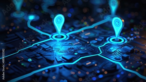 Digital Map with Location Pin and Blue Orange Glowing Pathways
