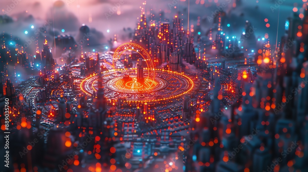 Fototapeta premium Futuristic Cityscape with glowing lights and circular structure.