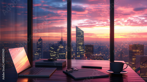 An elegant office setting with a sleek desk, laptop, and a coffee cup, with large windows capturing the vibrant colors of the city at sunset.