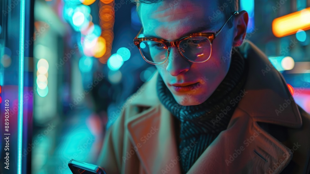 Obraz premium An elegant modern man using his mobile phone, social media, online shopping and texting on dating app while he strolls through the neon-lit streets of a city at night. He is smiling while he walks