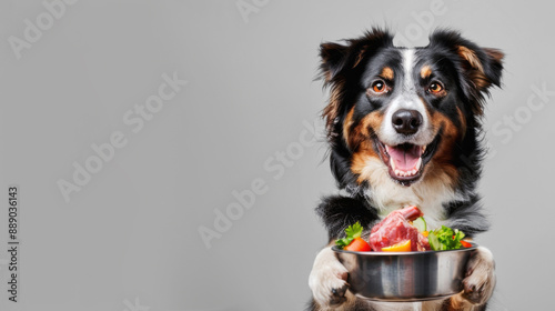 Australian Shepherd with a bowl of raw meat and fresh veggies, promoting healthy dog diet