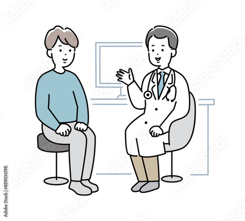 問診・診察を受ける若い男性と説明をする医者のイラスト素材