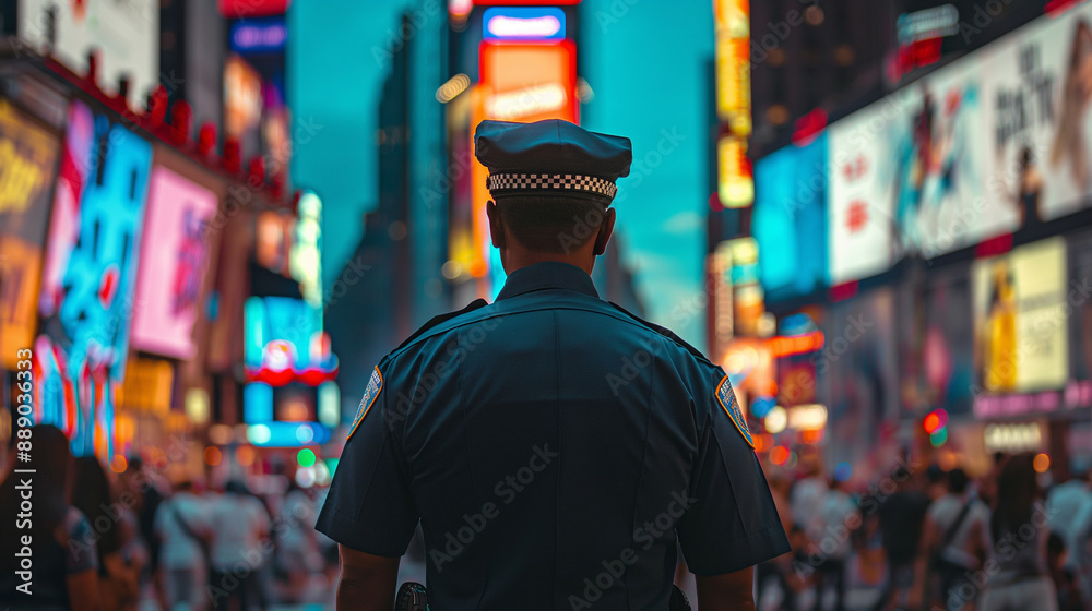 A police officer's back facing the vibrant billboards and bright lights of Times Square, while tourists and locals move around. A police officer's back facing the vibrant billboards and bright lights of Times Square, while tourists and locals move around.