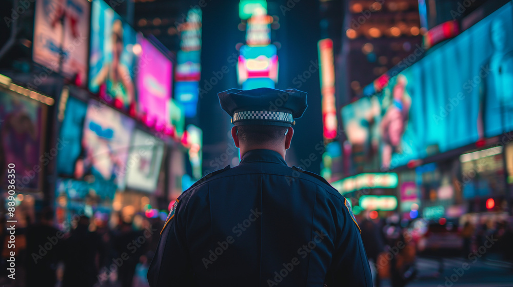 The back of a police officer facing the giant digital screens and throngs of people in Times Square, New York City. The back of a police officer facing the giant digital screens and throngs of people in Times Square, New York City.