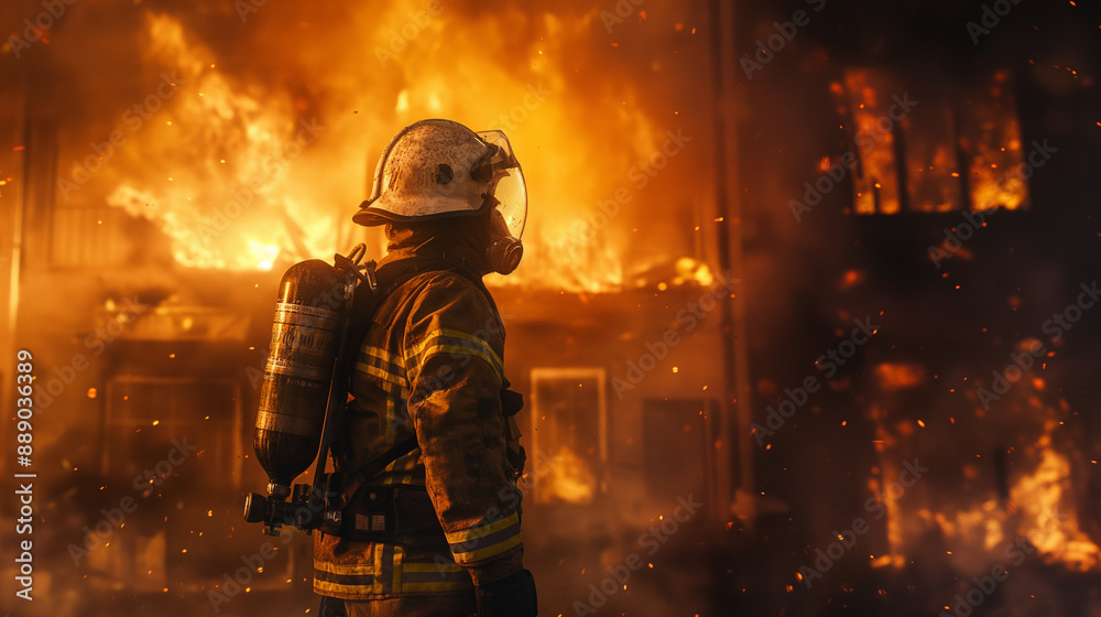 In the midst of chaos, a firefighter in protective gear stands firmly, the burning building behind casting an intense glow. In the midst of chaos, a firefighter in protective gear stands firmly, the burning building behind casting an intense glow.