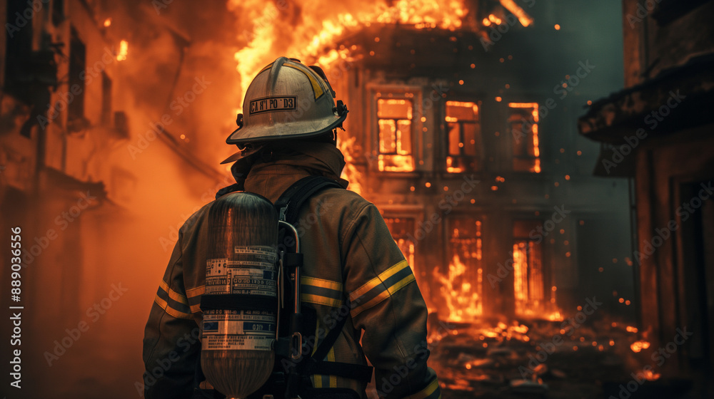 Amidst the roar of the flames, a firefighter in protective gear stands their ground, the burning building behind them a testament to their courage.