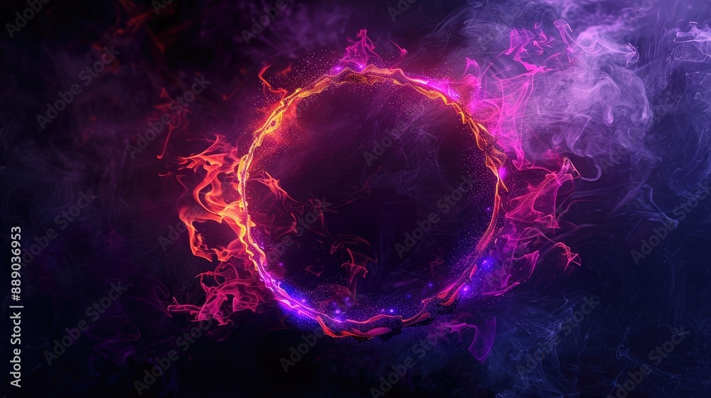 Fototapeta premium Abstract neon ring frame with glowing fire and smoke, blue pink light effect on black background
