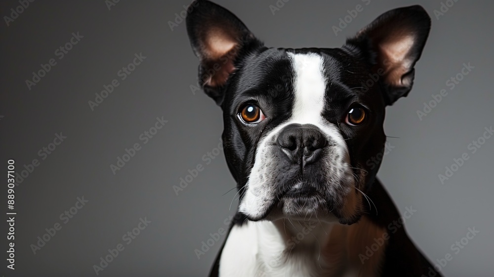 Boston Terrier facing forward with intense gaze, gray background, Space for copy text and overlays Boston Terrier facing forward with intense gaze, gray background, Space for copy text and overlays