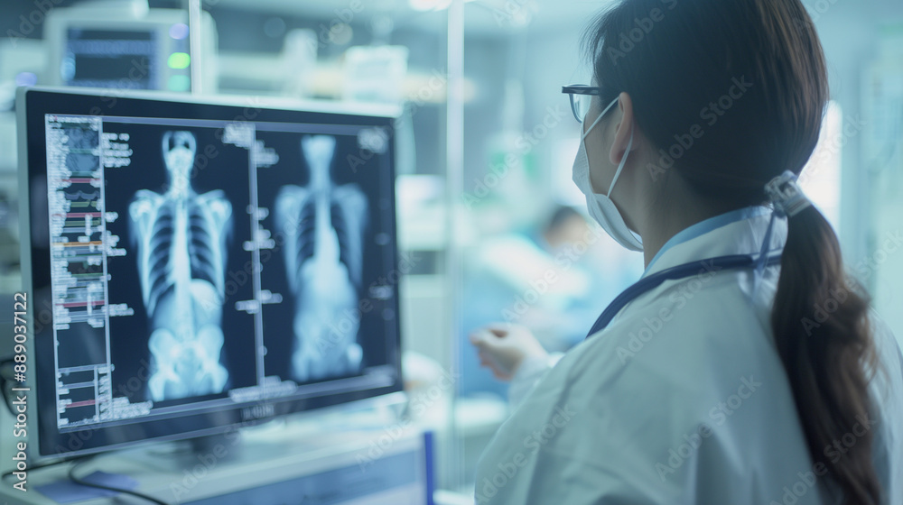 The serene focus of a doctor is evident as they review a patient's x-ray on a high-definition screen in a quiet hospital room, with medical charts in the background.