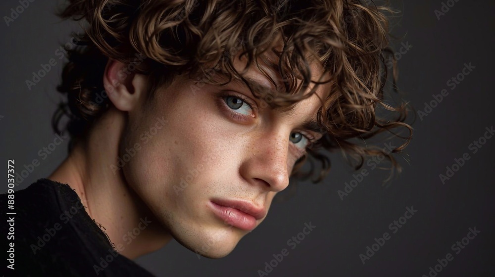 Men's Beauty: Creative Hair Art and Styling . Man with Brown Curly Hair . smiling man close-up portrait . Generative AI Men's Beauty: Creative Hair Art and Styling . Man with Brown Curly Hair . smiling man close-up portrait . Generative AI