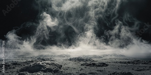 Mysterious Panoramic Fog: Abstract Dark Room Concrete Floor for Product Placement