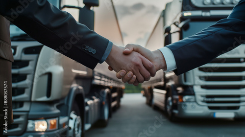 Against the backdrop of a sleek, modern truck, two businessmen shake hands, symbolizing a strategic alliance in the logistics industry. © Maksym