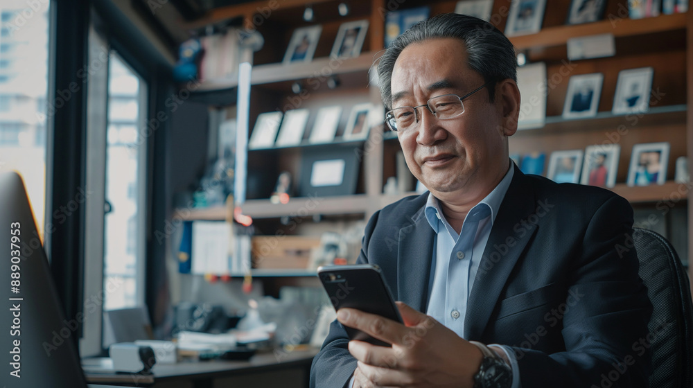 A senior middle-aged Asian businessman manager CEO, with a serious expression, utilizes his smartphone and laptop in an office adorned with accolades and business achievements. A senior middle-aged Asian businessman manager CEO, with a serious expression, utilizes his smartphone and laptop in an office adorned with accolades and business achievements.