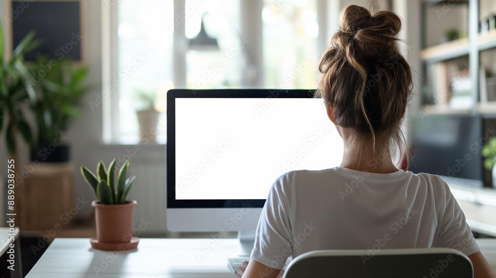 In a bright and airy room, a young woman is focused on her computer with a blank white screen, viewed from over the shoulder.