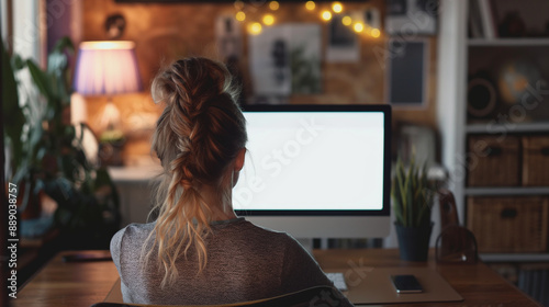 A young woman in casual attire is seen from behind, working at a desk with a blank white computer screen in her warm and inviting home office.